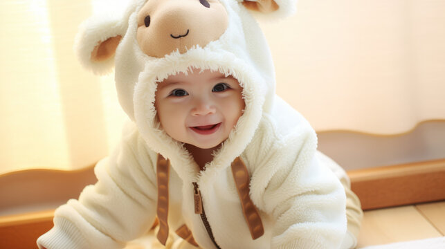 Baby with farm animal Halloween costume of a sheep or lamb