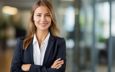Smiling elegant confident young professional business woman , female proud leader, smart businesswoman lawyer or company manager executive looking at camera standing in office