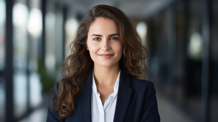 Naklejka premium Smiling elegant confident young professional business woman , female proud leader, smart businesswoman lawyer or company manager executive looking at camera standing in office