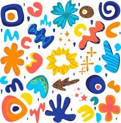 Naklejka na ściany i meble abstract pattern with doodle elements, set of hand drawn doodles, abstract flowers, in blue, yellow, orange colors, texture doodles, bright