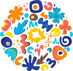 abstract pattern with doodle elements, set of hand drawn doodles, abstract flowers, in blue, yellow, orange colors, texture doodles, bright