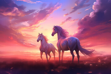 Obraz na płótnie Canvas one horse walking gallantly, anime style