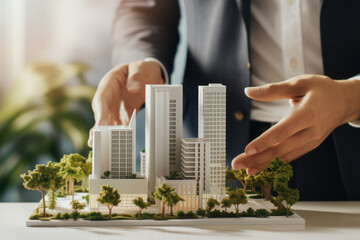 real estate development. businessman or architect showing new business office complex scale model - obrazy, fototapety, plakaty