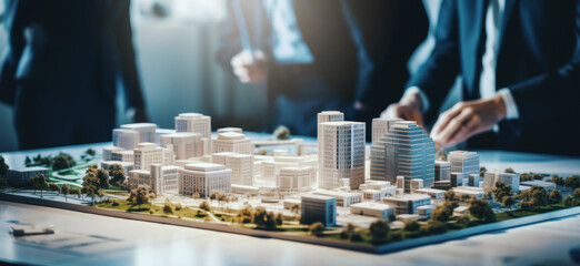 real estate developer and businessmen team working on new modern business park project in office. complex buildings scale model - obrazy, fototapety, plakaty