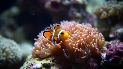 Naklejka na ściany i meble Sea anemone and clown fish underwater. Generative AI