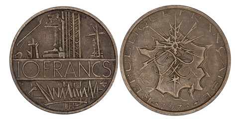 Back and front side of obsolete used coin. French coin of 10 Francs Mathieu year 1975 , Composition Copper-Aluminium-Nickel. on white background.