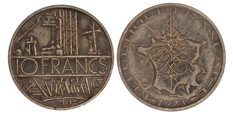 Back and front side of obsolete used coin. French coin of 10 Francs Mathieu year 1978 , Composition Copper-Aluminium-Nickel. on white background.
