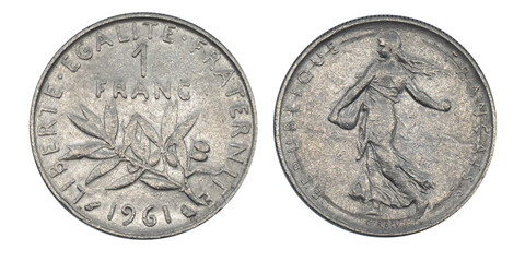 Back and front side of obsolete used coin. French coin of 1 Franc year 1961 , silver. on white background.