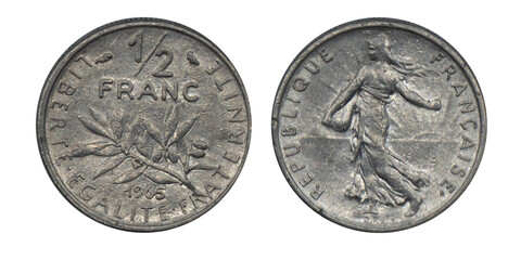 Back and front side of obsolete used coin. French coin of 1/2 Franc year 1965 , silver. on white background.