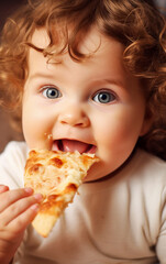 Cute and smiling little girl eats a tasty slice of pizza