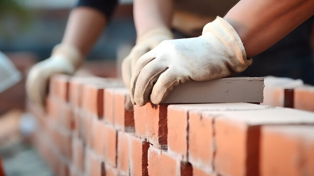 Closeup hands of bricklayer laying brick wall of house. Construction of brick partition in apartment