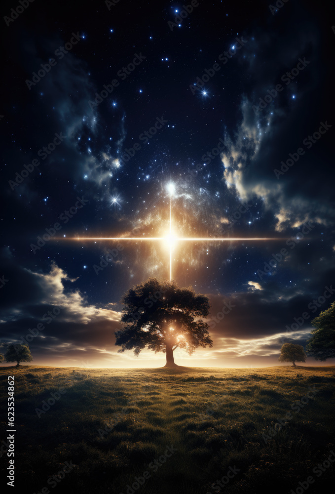 Poster a lone tree in a field with a bright star in the sky. generative ai.