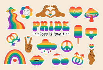 LGBT sticker pack on beige background. LGBTQ set. Symbol of the LGBT pride community. LGBT flat style icons and slogan collection. Rainbow elements.