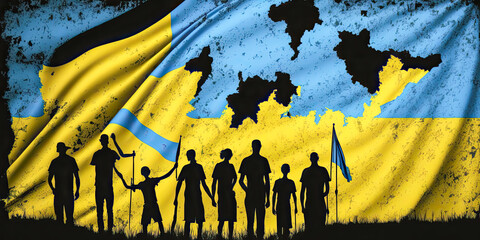 Ukrainian Independence: Silhouettes of People Holding the Flag of Ukraine - Generative AI