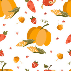 Cute seamless pattern with pumpkin, corn, berries and leaves for kids textile. Colorful autumn pattern with vegetables on a white background.