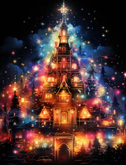 Obraz premium A christmas tree is lit up in the dark. Generative AI.