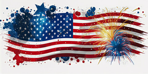 USA Flag with Fireworks on White Background Illustration - Generative AI