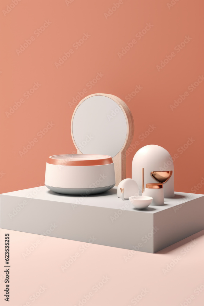 Poster a table with a mirror and a bowl on it. generative ai.
