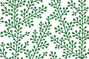 Seamless Pattern with green flower twig on white background. Stylized abstract shaped plant twigs. Hand drawn vector illustration