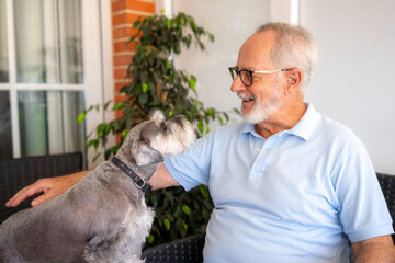 Smiling senior bearded man with his Schnauzer dog at home. 
