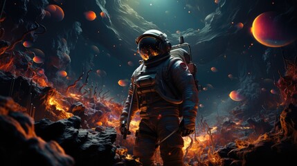 astronaut in in a colorful bubbles galaxy on a different planet