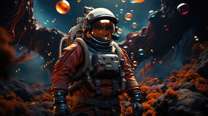astronaut in in a colorful bubbles galaxy on a different planet