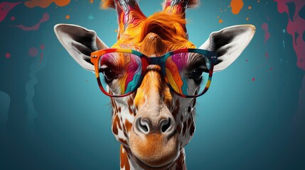 Cartoon colorful giraffe with sunglasses on white background
