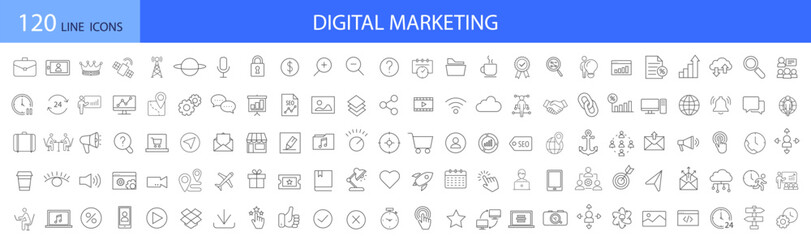 Digital marketing. 120 linear icons.