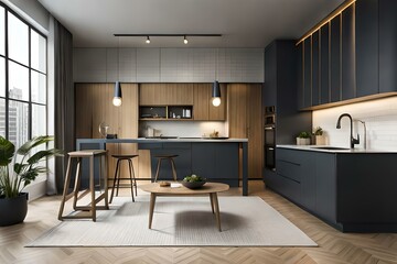 Fototapeta premium Light luxury studio apartment with a premium contemporary kitchen loft style in dark colors