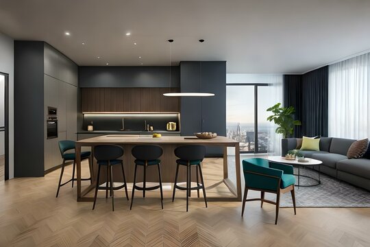 Light luxury studio apartment with a premium contemporary kitchen loft style in dark colors. Stylish modern room area. Mockup beige empty wall. 3d render. High quality 3d illustration
