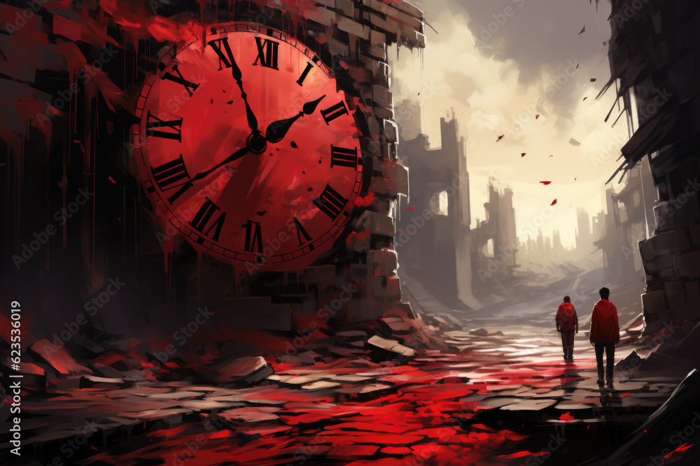 Poster a man standing in front of a giant clock. generative ai.