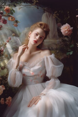 portrait of a woman/model/book character in a royal princess/fairy dress in floral setting in a fashion/beauty editorial magazine style film photography look - generative ai art