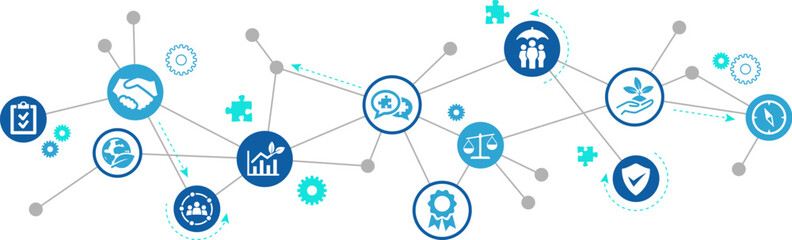 CSR vector illustration. Blue concept with icons related to corporate social responsibility, corporate self regulation / corporate conscience or values, ethics & economic standards