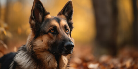 German Shepherd Dog in leaf fall in the autumn forest, copy space. Sheepdog portrait. Generative ai