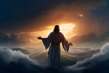 Jesus Christ walking on water during storm at sunset. AI generated © ZayNyi