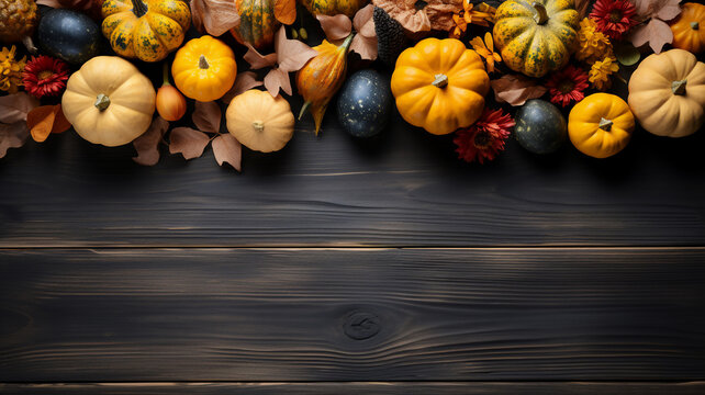 Thanksgiving background with Pumpkins on wooden table, Fall season with group of orange pumkins with decoration dark wood board, Autumn banner with copy space for text,Generative Ai..