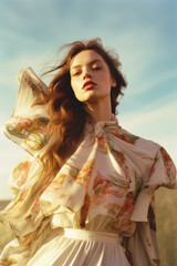 woman/model in an illuminated setting reminding of sunlight with dancing ethereal movements in flowing dress in a fashion/beauty editorial magazine style film photography look - generative ai art