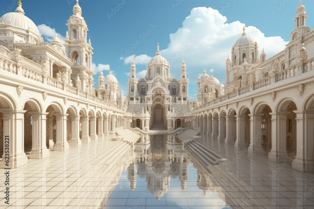 Poster a large white building with a pool in front of it. generative ai.