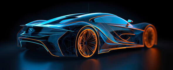 Fototapeta premium image of a futuristic blue sports car on a dark background, generated by AI