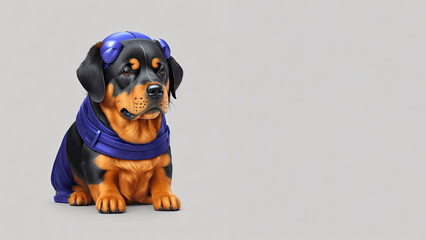 puppy with blue jacket 