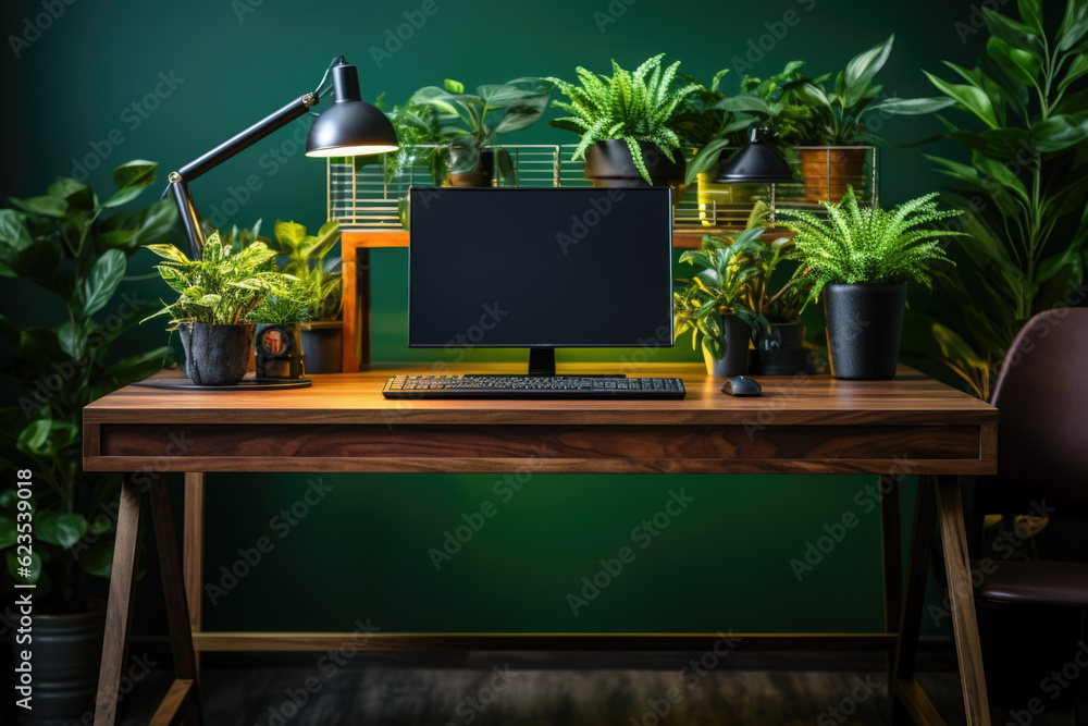 Poster a wooden desk topped with a computer monitor and a keyboard. generative ai.