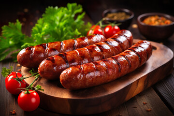 Barbecue sausage on wood table, the grill on background, barbecue party food, brazilian barbecue. - obrazy, fototapety, plakaty