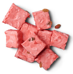 cubes of jelly pudding, delicious sweet dish made with fresh cream, condensed milk and strawberry jelly and spread prune isolated on white background, taken straight from above