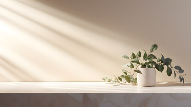 3D rendering of a white marble shelf with an eucalyptus plant