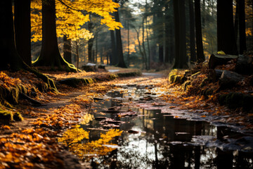 Fototapeta na wymiar Autumn forest landscape, orange golden foliage, fall wallpaper, AI Generated