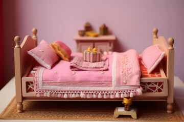 Doll house interior: bedroom with a bed toy, miniature toy, digital art