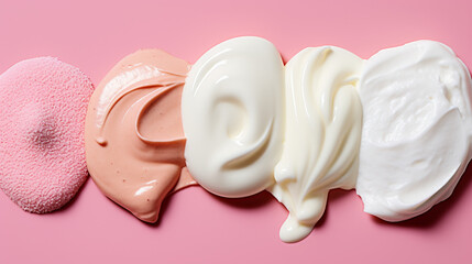 Various cosmetic mask, cream and serum smears isolated on a pink background. 