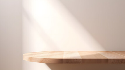 Empty minimal natural wooden table counter podium, beautiful wood grain in sunlight, shadow on white wall for luxury cosmetic, skincare, beauty treatment, decoration product display background 3D