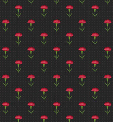 Classic floral seamless pattern of red carnation flower heads on black background with polka dots. Endless romantic surface design for clothes and paper.