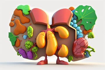 Liver. Cute cartoon healthy human anatomy internal organ character set with brain lung intestine heart kidney liver and stomach mascots. parts of living body organs in animated form.